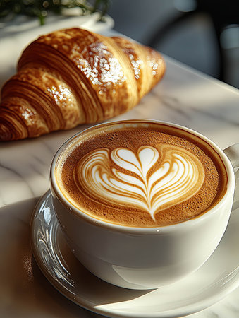 Delicious latte art in a white cup beside a freshly baked croissant on tableの素材