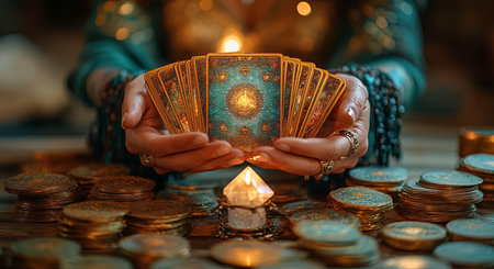 Tarot card reading with glowing candles and golden coins, mystical atmosphereの素材