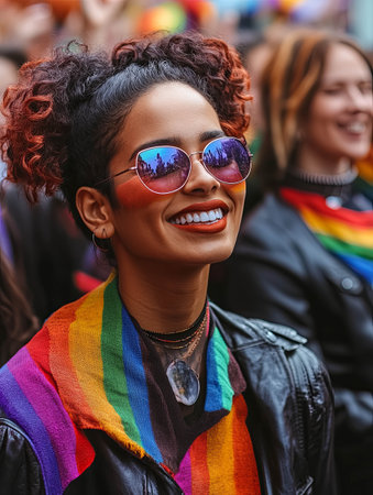 woman smiling at a pride parade wearing colorful sunglasses and a rainbow scarfの素材