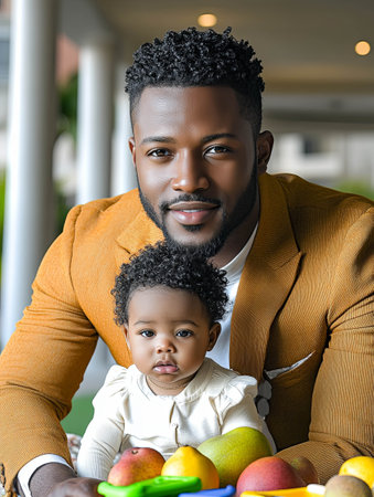 Father and baby enjoying colorful fruits together in a bright settingの素材