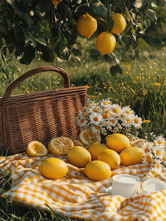 Fresh lemons arranged on a picnic blanket beside a wicker basketの素材