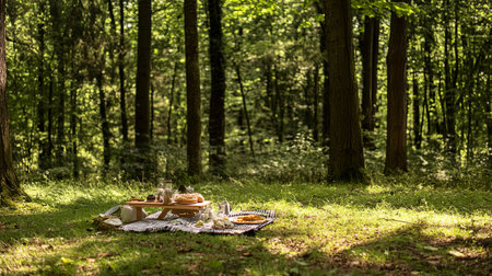 Picnic setup in a serene forest with delicious food and drinks on a blanketの素材