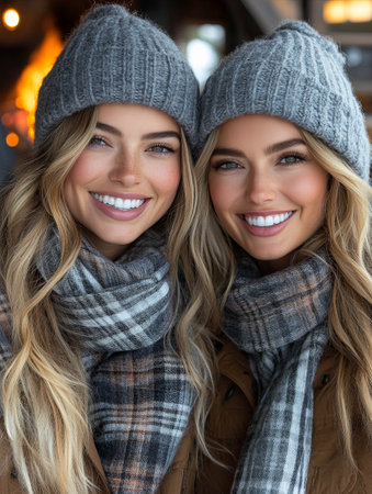 Smiling women wearing cozy winter hats and scarves enjoying a warm atmosphereの素材