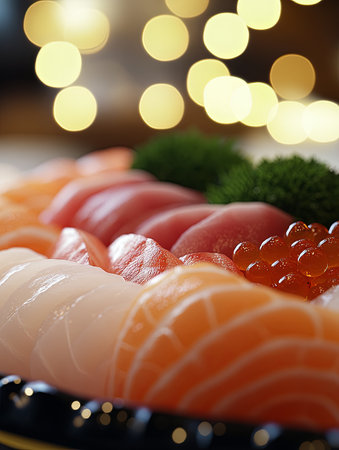 Fresh sushi platter with assorted fish including salmon, tuna, and roeの素材