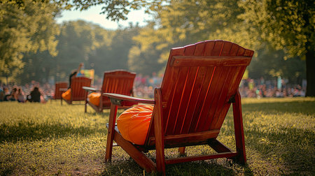 Relaxing wooden chairs in a sunny park setting with vibrant greeneryの素材