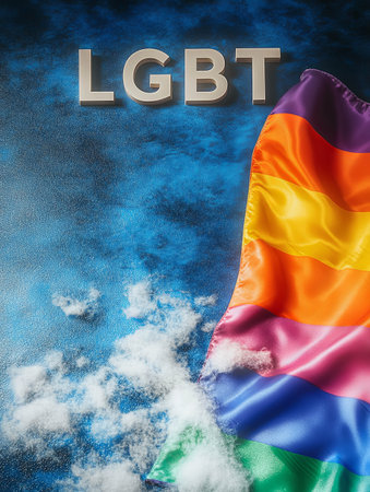 Vibrant rainbow flag symbolizing LGBT pride against a blue sky backgroundの素材