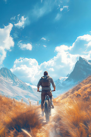 Mountain biking adventure through scenic landscape with vibrant grassの素材