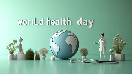 World Health Day celebration with a globe, healthcare professional, plantsの素材