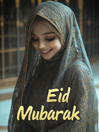 Joyful celebration of Eid al-Adha with a smiling woman in traditional attireの素材