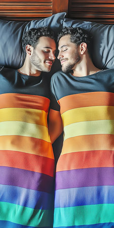 Loving couple sharing intimate moment in bed with rainbow blanketsの素材