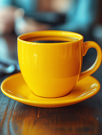 Bright yellow coffee cup on a wooden table with a warm beverage insideの素材