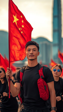 Young man proudly holding Chinese flag during vibrant rally with supportersの素材