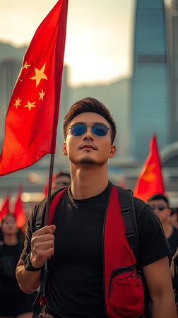 Young man holding Chinese flag during a vibrant protest with supportersの素材