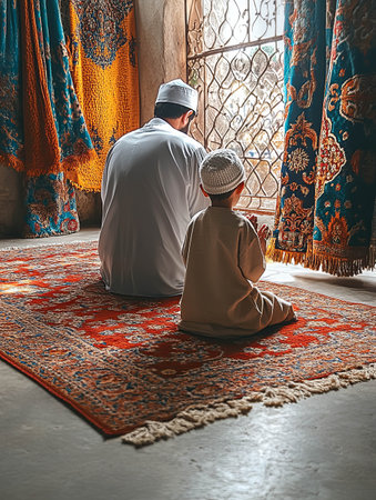 Father and son celebrating Eid al-Adha in a beautifully decorated roomの素材