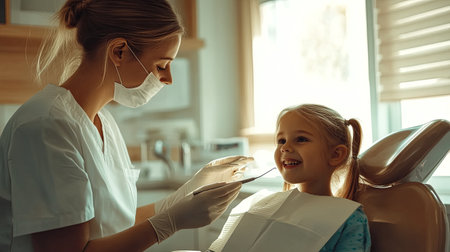 Pediatric dentist examining a young girl with a smile in a bright dental officeの素材