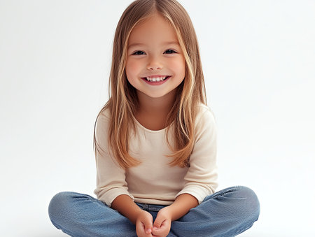 Smiling girl with long hair sitting cross-legged on the floorの素材