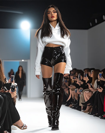 Fashion model showcasing stylish outfit on runway during vibrant fashion showの素材