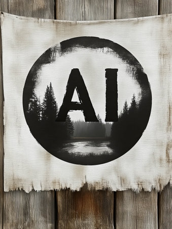 Innovative AI logo design featuring a circular emblem with trees and waterの素材