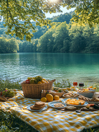 Scenic picnic by the tranquil lake with delicious food spread on a blanketの素材