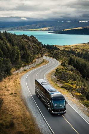 Scenic road trip with a bus traveling along a winding highwayの素材