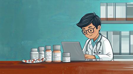 Doctor working on laptop in pharmacy with various medicine bottles on tableの素材