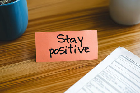 Motivational note on wooden desk reminding to stay positive and maintainの素材
