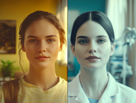 Dual portrait of a woman showcasing contrasting emotions and environmentsの素材