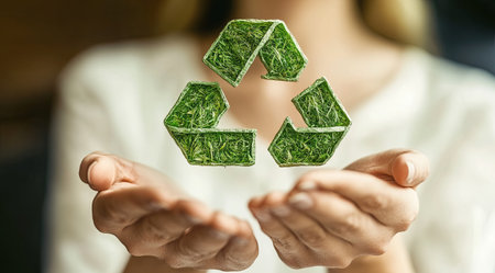 Green recycling symbol held in hands representing sustainabilityの素材