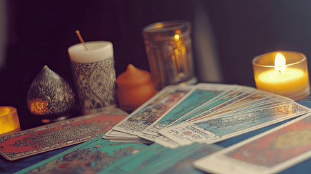 Tarot cards spread on a table surrounded by candles and decorative itemsの素材