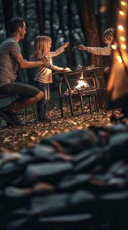 Family enjoying a cozy campfire in the woods, roasting marshmallowsの素材