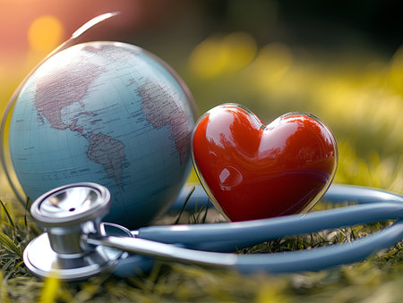 Global health awareness with a stethoscope, heart symbol, and globeの素材