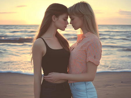 Romantic sunset moment between two women on the beachの素材