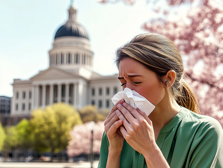 Woman suffering from allergy symptoms outdoors near a government buildingの素材