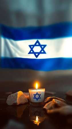 Candlelight illuminating the Star of David against backdrop of the Israeli flagの素材