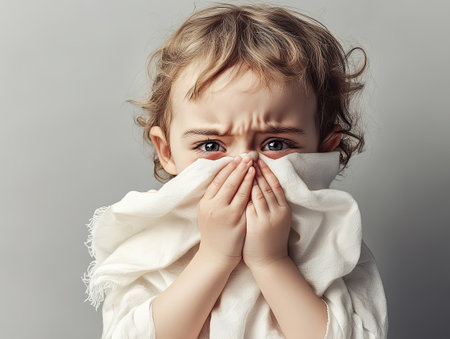 Child with allergy symptoms covering face with cloth, showing distressの素材