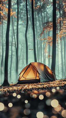 Cozy camping tent glowing in the forest surrounded by tall trees and soft bokehの素材