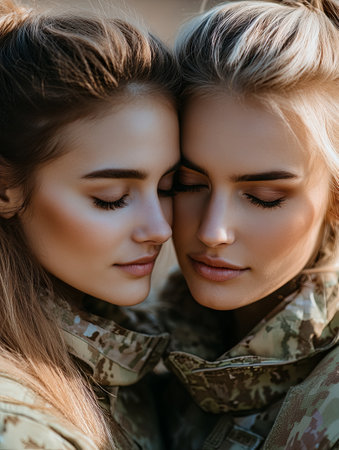 Embracing love and unity between two women in military attireの素材