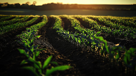 Lush green crop field at sunset with rows of plants thriving in fertile soilの素材