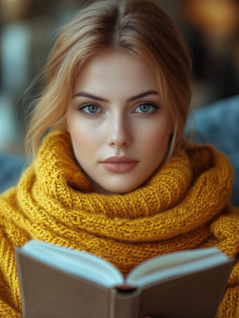 Young woman reading a book while wearing a cozy yellow sweater in a warm indoorの素材