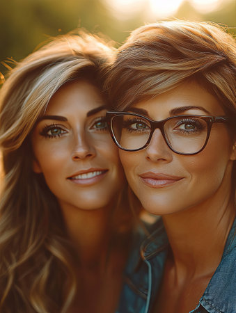 Two smiling women with stylish hair and glasses enjoying a sunny day outdoorsの素材