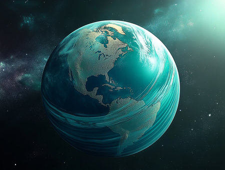 Planet Earth in space with swirling blue atmosphere and vibrant colorsの素材