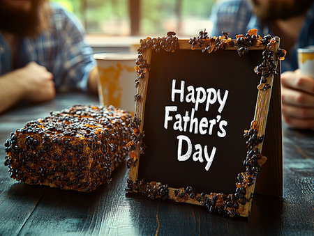 Celebration of Fathers Day with a delicious cake and a handwritten signの素材