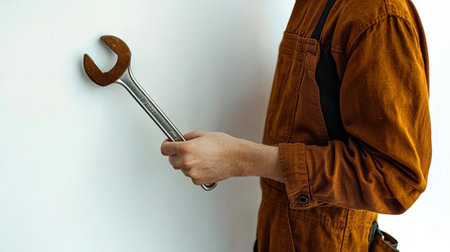 Skilled technician holding a large adjustable wrench ready for repair workの素材