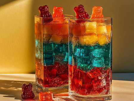 Colorful layered gelatin dessert with gummy bears in clear glassesの素材