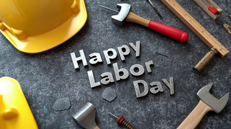 Happy Labor Day celebration with tools and hard hat on a textured surfaceの素材