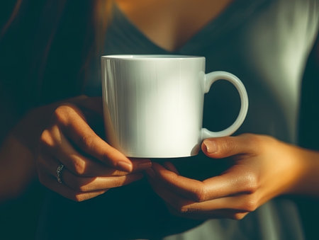 Warm cup of coffee held gently in hands with soft lightingの素材