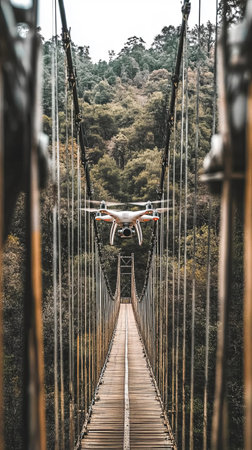 Drone flying over a suspension bridge surrounded by lush green treesの素材