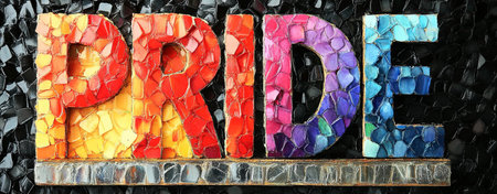 Colorful mosaic letters spelling pride on a textured backgroundの素材