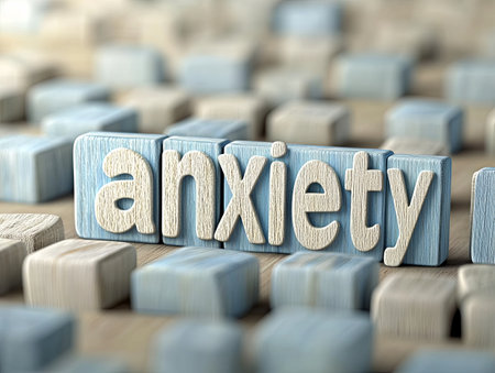 Anxiety word concept represented with wooden blocks on a blurred backgroundの素材
