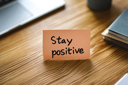Motivational note on wooden desk encouraging a positive mindsetの素材